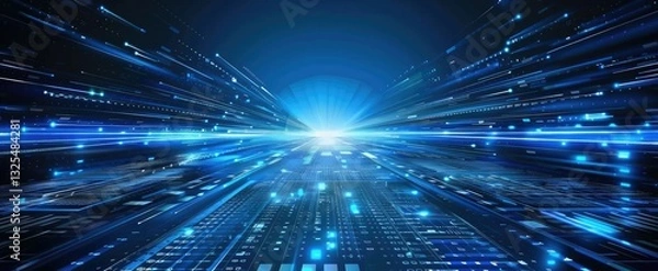 Fototapeta Futuristic abstract blue background with geometric shapes and glowing light lines.