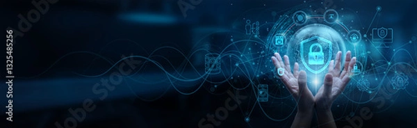 Obraz Hand man holding of global cybersecurity network connection, protecting data from cyber threats, ensuring secure communication, preventing unauthorized access, safeguarding digital infrastructure.