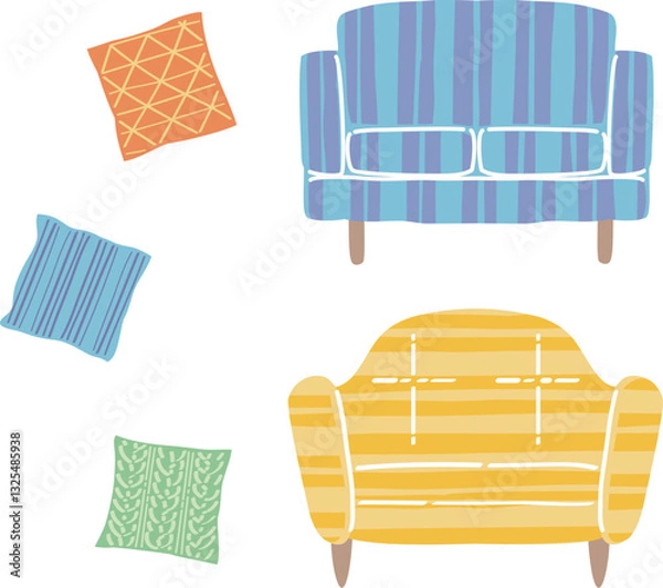 Obraz レトロなソファーとクッションのイラスト