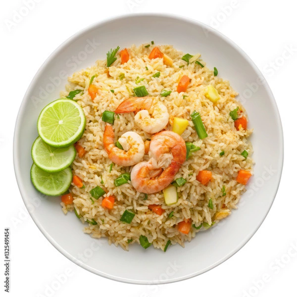 Fototapeta Delicious Shrimp Fried Rice with Vegetables and Fresh Lime Slices on Plate