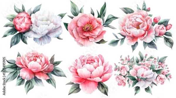 Obraz A delicate set of six watercolor pink peony flower