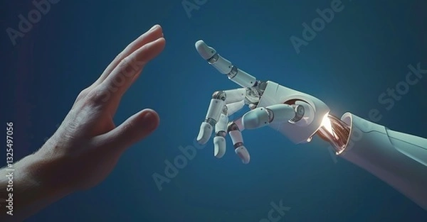 Fototapeta Human Hand Touching AI Robot Finger