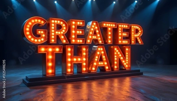 Fototapeta Greater Than Sign Illuminated with Glowing Lights on Stage Backdrop