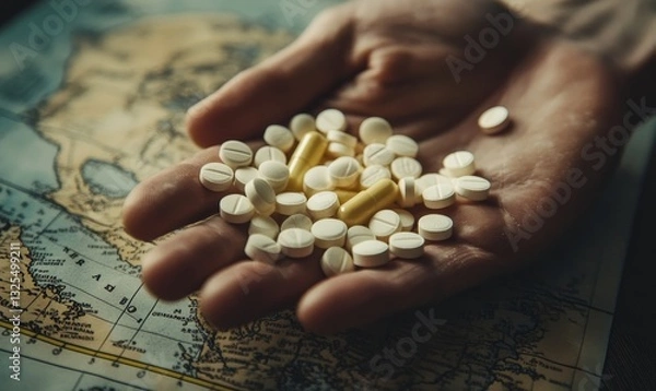 Obraz handful of pills laid on the palm of a hand over the world map, concept of medication and global health issues. The scene evokes a sense of concern and the prevalence of pills