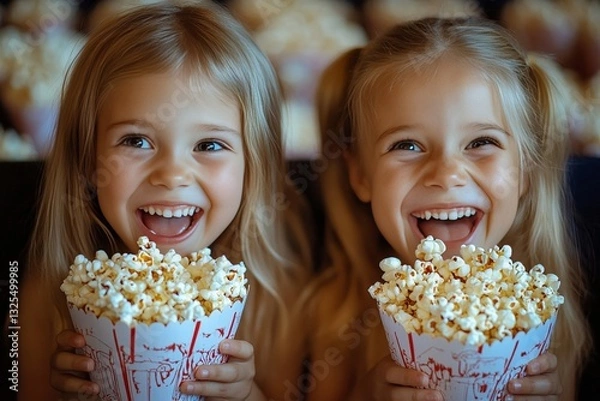 Obraz two little girls laughing happily, holding and eating popcorn. They are enjoying a movie night