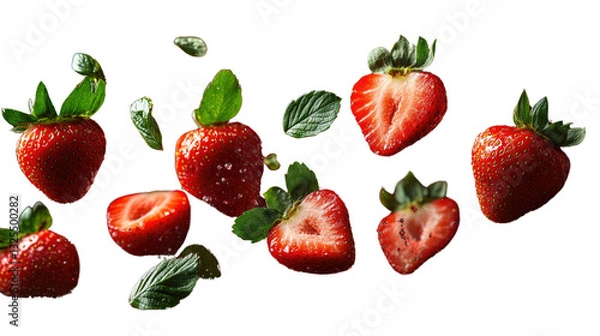 Fototapeta Burst of Freshness: a vibrant collection of ripe, red strawberries and fresh leaves, creating a sense of summer delight and health