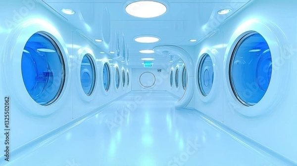 Fototapeta Futuristic Corridor: A mesmerizing image of a modern, sleek corridor bathed in cool, futuristic lighting, featuring unique circular windows that offer intriguing glimpses of the space beyond.