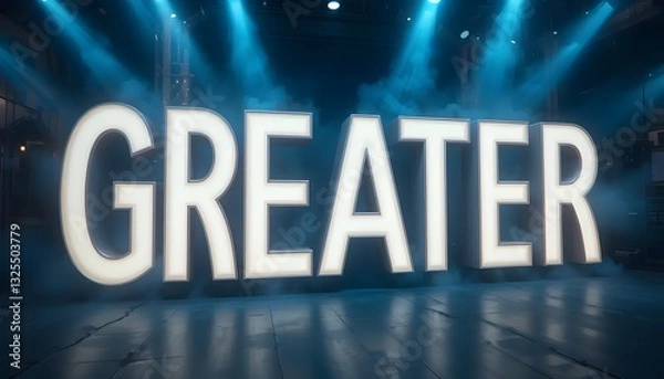 Fototapeta Illuminated Greater Sign with Smoke and Reflections on a Dark Floor