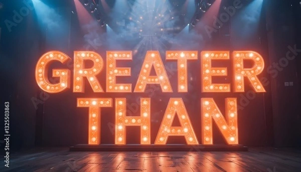 Fototapeta Illuminated Greater Than Sign on Stage with Dramatic Lighting and Smoke
