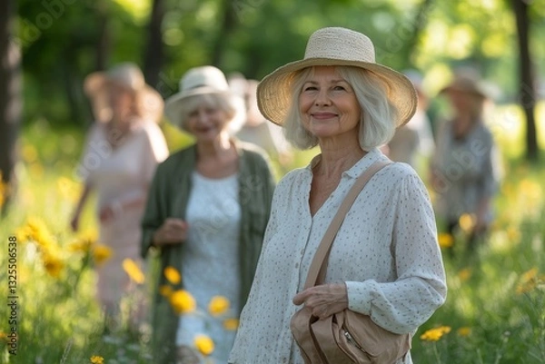 Obraz a group of senior women walking through a sunny park, enjoying a day out. The women are wearing hats and enjoying the outdoors in a relaxed atmosphere.
