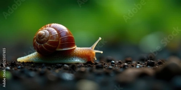 Fototapeta A snail's deliberate journey across dark soil, a testament to nature's persistent pace