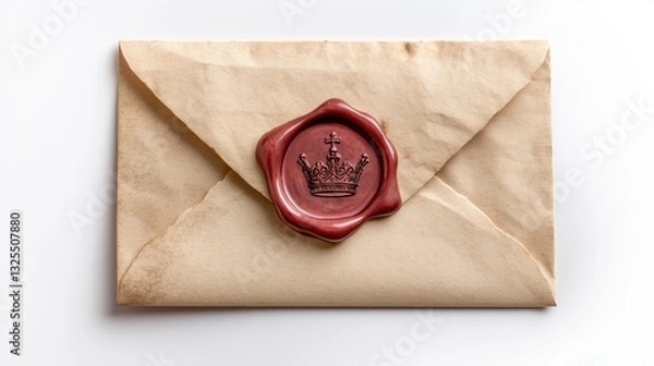Fototapeta An old envelope with a wax seal, on the seal of the crown, on a white background