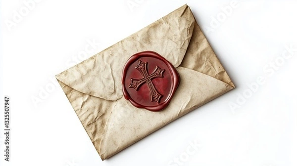 Fototapeta An old envelope with a wax seal, a cross on the seal, on a white background