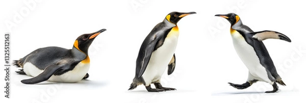 Fototapeta King Penguins in Various Poses on White Background 