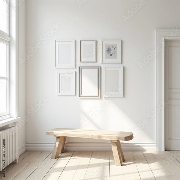Fototapeta a  Scandinavian-inspired setting with clean white walls a light wood floor and a simple woodenbench