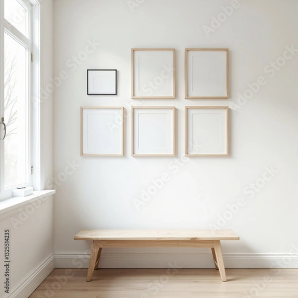 Fototapeta a  Scandinavian-inspired setting with clean white walls a light wood floor and a simple woodenbench