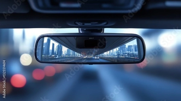 Fototapeta A car's rearview mirror reflecting a cityscape with blurred lights, capturing movement and urban life.