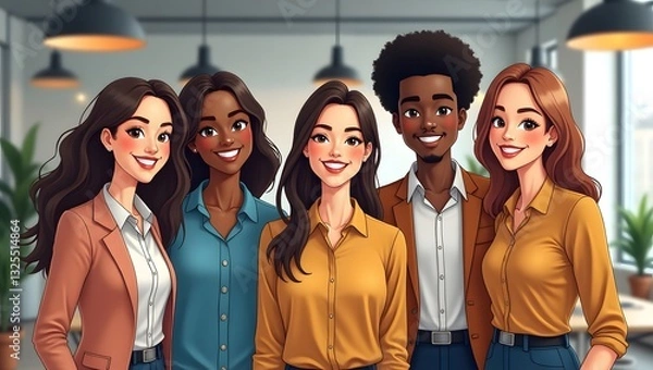 Obraz  A diverse group of young professionals stands together in a modern office, smiling and engaged in conversation. 