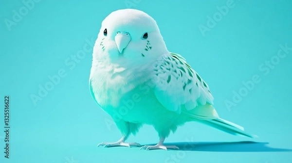 Fototapeta White budgie posing, cyan background, studio shot, pet