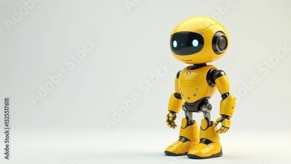 Fototapeta A small, friendly, yellow robot stands on a white background, ready to assist