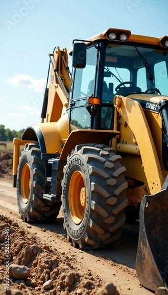 Fototapeta Close-up of a yellow backhoe loader on a construction site under clear blue skies.