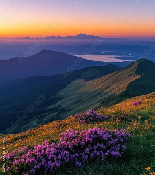Fototapeta Serene Mountain Landscape at Sunrise with Colorful Wildflowers and Misty Horizon Overlooking a Lake and Distant Peaks in a Peaceful Natural Setting