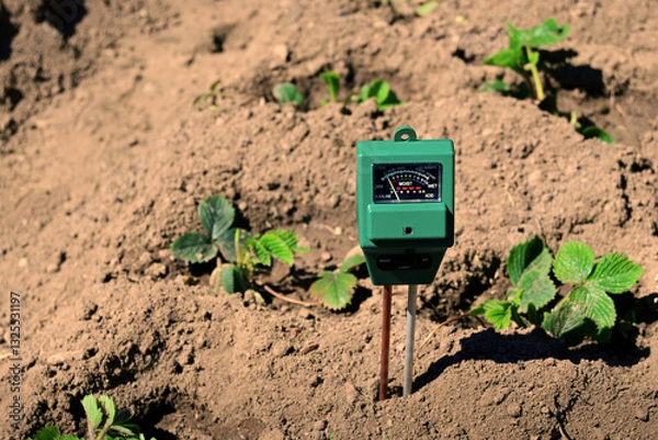 Obraz Soil Moisture Tester in Garden with Young Plants in Outdoor Agriculture