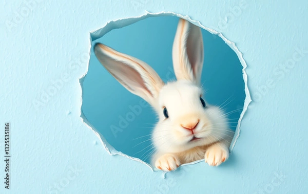 Fototapeta A charming Easter bunny with soft white fur and perky ears playfully peeking through a torn hole in a vivid blue wall. The hole looks freshly ripped, with edges curling outward