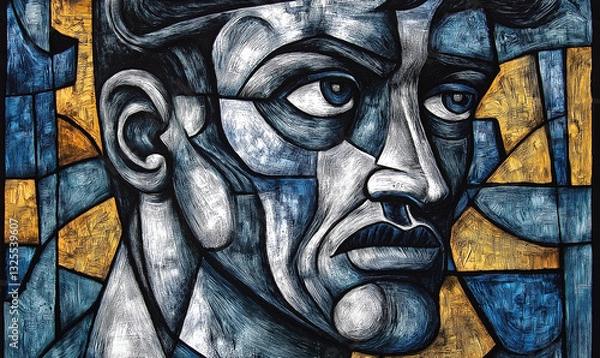 Obraz A stern, stoic face of a man; cubist male serious expression