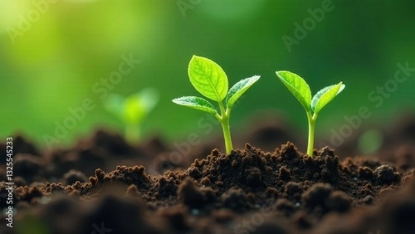 Fototapeta New growth, sprouting seedlings in fertile earth, bathed in sunlight, representing new beginnings and the cycle of life.