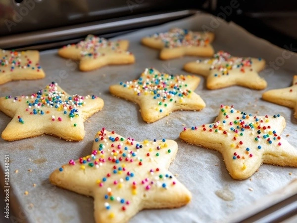 Fototapeta Star Shaped Cookies with Sprinkles Baking in Oven - ai