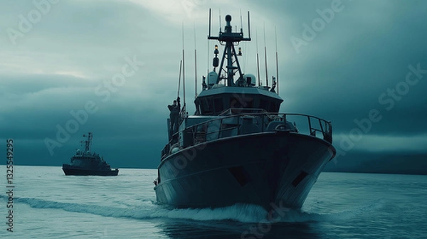Obraz Naval patrol boats cruising through the open sea, maintaining security and vigilance in international waters, symbolizing maritime defense and global cooperation.