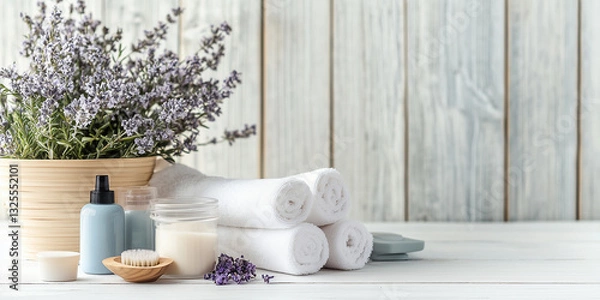 Fototapeta Spa-Zubehörset auf weißem Holztisch. 