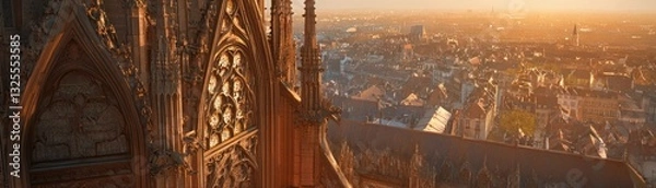 Obraz Gothic cathedral tower overlooking a city at sunset