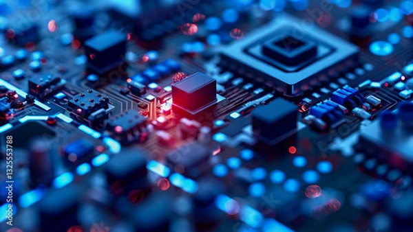 Fototapeta Close-up of a glowing circuit board with intricate details.