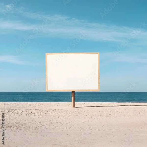 Fototapeta white billboard mockup standing on a beach with waves and blue skies in the background