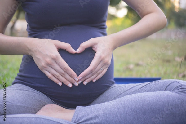 Obraz Close up of pregnant woman holding hands with heart shaped in garden
