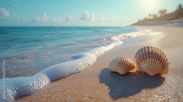Fototapeta A serene sandy beach with gentle waves in the background, the foreground in sharp focus with seashells and footprints