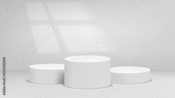 Fototapeta Empty bright studio with window light and podium. 3d vector background for product design