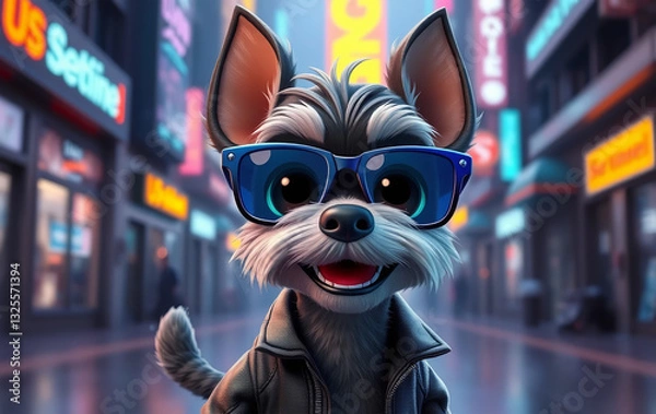 Fototapeta A stylish 3D cartoon miniature schnauzer with large expressive eyes, wearing neon blue sunglasses and a tiny leather jacket. The dog has a confident and happy look, with a wagging tail and perked-up 