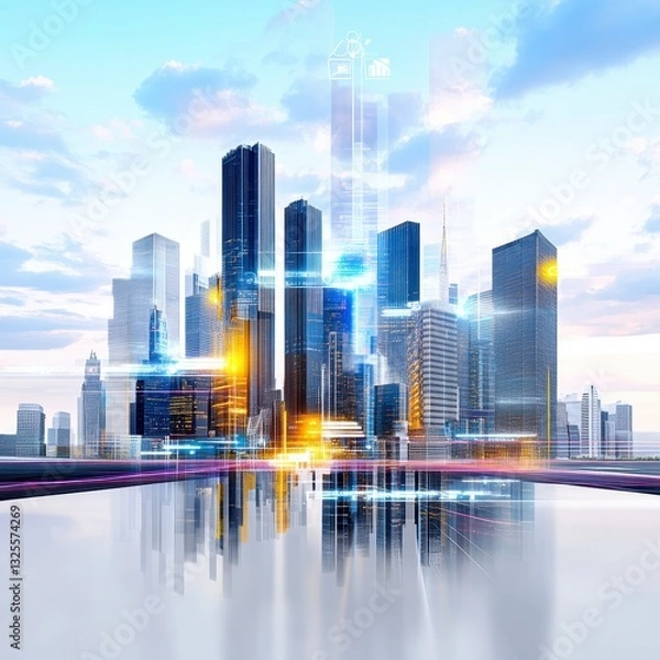 Fototapeta Futuristic Cityscape with Reflection and Modern Architectural Design