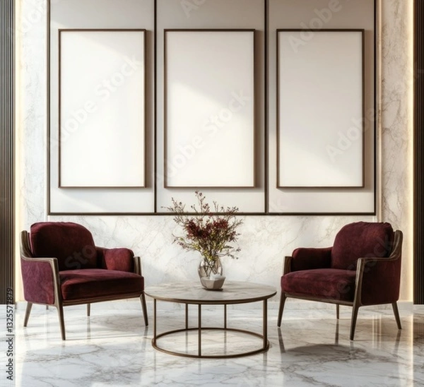 Fototapeta Elegant living room with two burgundy velvet armchairs, a round coffee table, and three blank canvas frames against a marble wall.