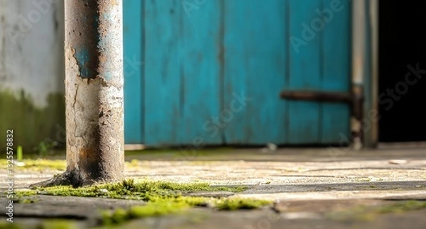 Fototapeta Weathered Metal Post Surrounded by Green Moss and Rustic Doorway