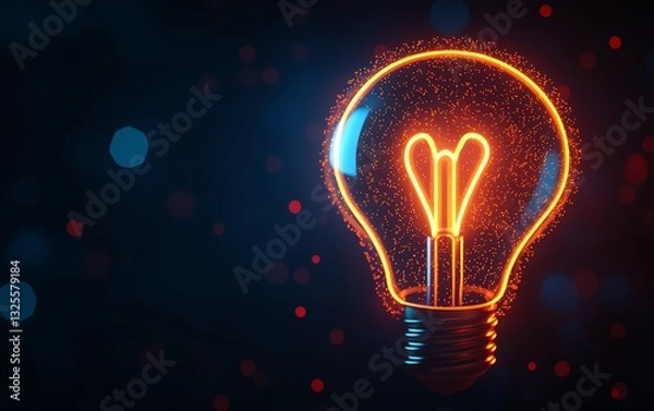 Fototapeta Neon orange lightbulb icon with bokeh and sparkles on dark background, 3D rendering, symbolizing creativity, innovation, and ideas, glowing lights, modern abstract design