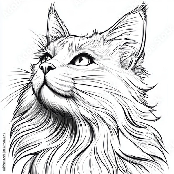 Fototapeta Playful maine coon cat drawing artistic coloring page minimalist design whimsical style cat lovers delight