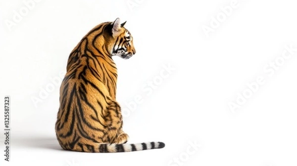 Obraz A tiger sits facing away from the camera on a white background.