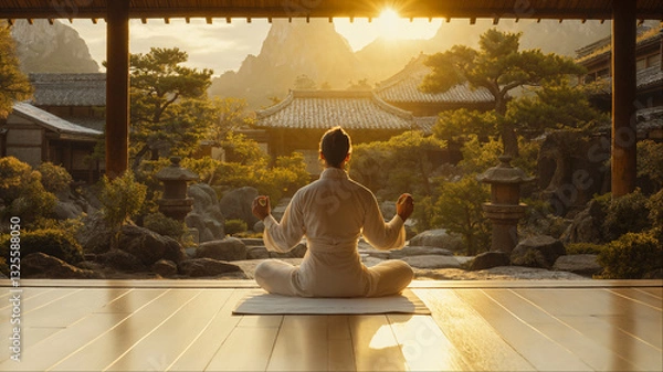 Obraz Serene silhouette meditating at traditional Japanese temple veranda overlooking majestic mountain landscape during golden sunrise