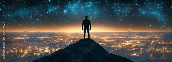 Fototapeta A warrior standing at the top of a mountain, overlooking an expansive, futuristic city that glows under the night sky