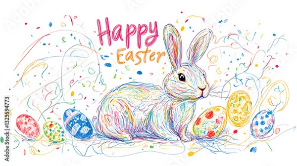Fototapeta easter, bunny, rabbit, egg, holiday, card, happy, cute, vector, animal, cartoon, illustration, spring, design, art, greeting, decoration, eggs, celebration, fun, drawing, easter bunny, color, grass, f