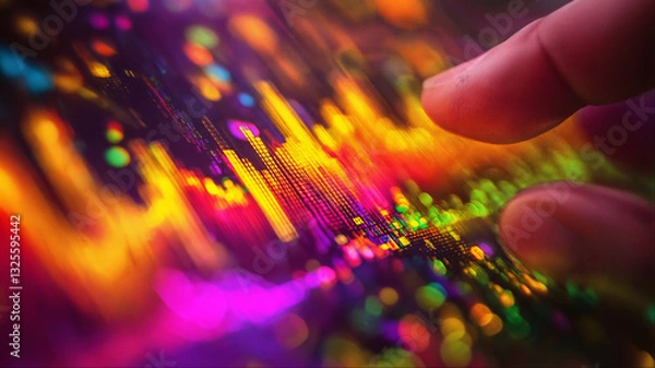 Obraz Finger touching vibrant data visualization with purple and orange glow